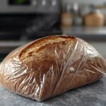 A close-up of a frozen sourdough loaf wrapped in plastic,