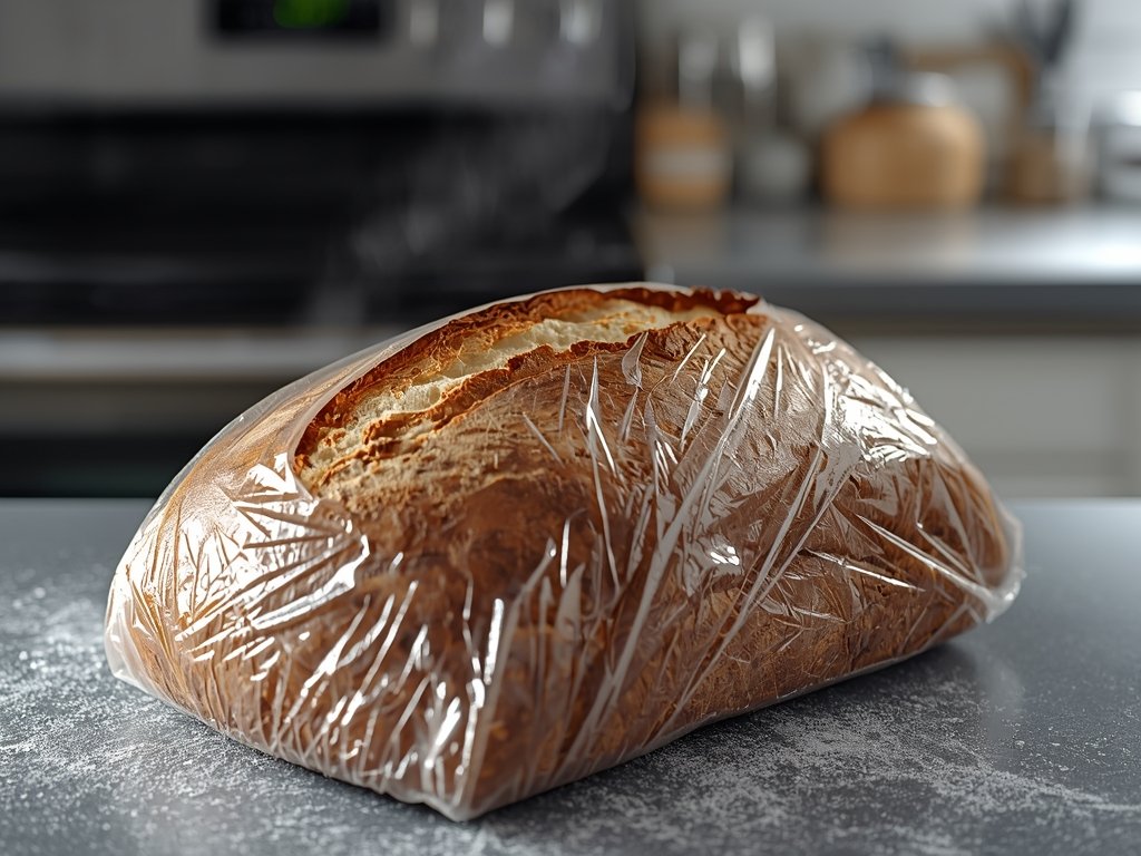 A close-up of a frozen sourdough loaf wrapped in plastic,