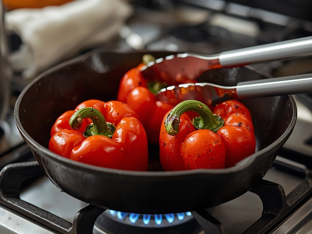 A close-up of a gas stovetop with a cast-iron skillet,