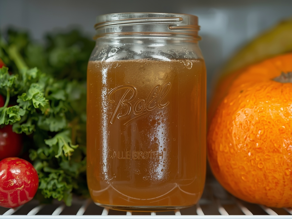 A close-up of a glass jar filled with golden broth,
