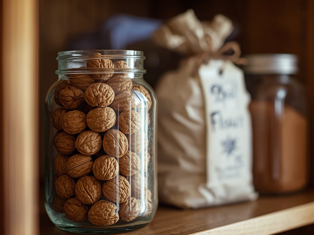 A close-up of a glass jar filled with fresh walnuts,