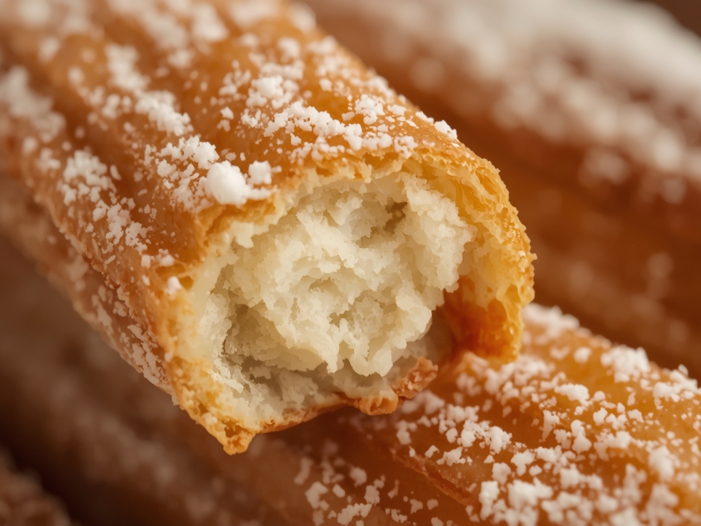 A close-up of a golden-brown churro dusted with cinnamon sugar,