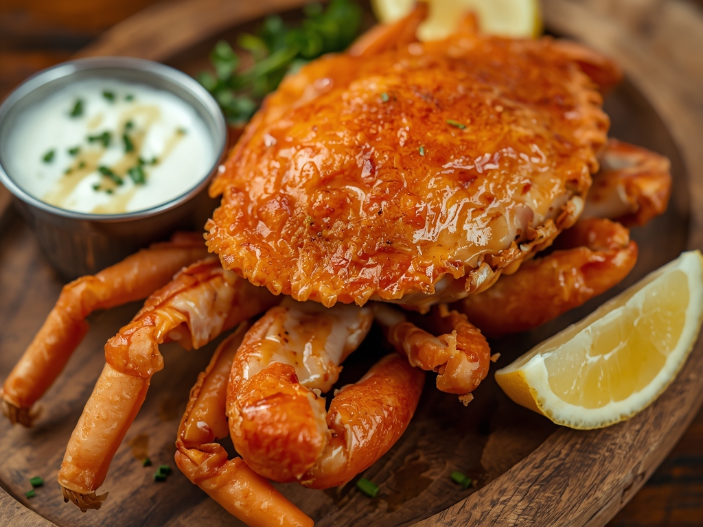 A close-up of a golden-brown soft-shell crab, freshly fried, with