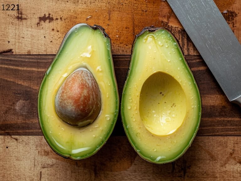 A close-up of a halved avocado, one half submerged in