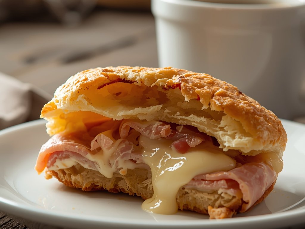 A close-up of a ham and cheese scone being split