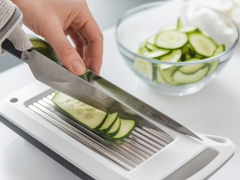 A close-up of a hand carefully slicing a zucchini on