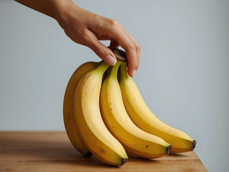 A close-up of a hand gently pulling a banana from