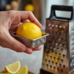 A close-up of a hand holding a bright yellow lemon,