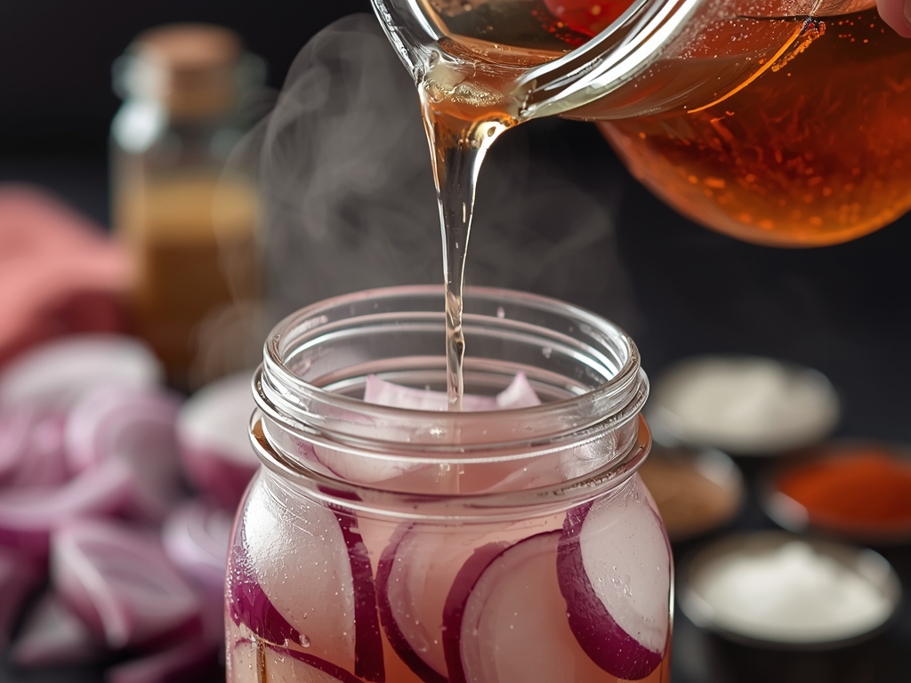 A close-up of a hand pouring hot pickling liquid over