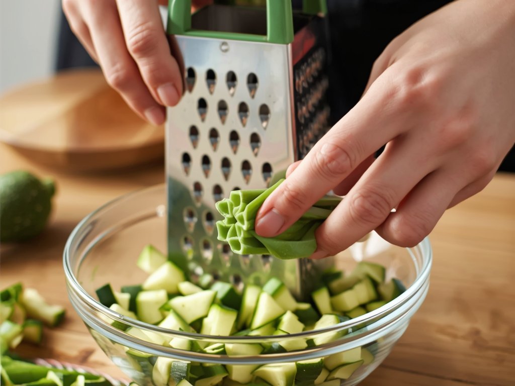 A close-up of a hand using a box grater with