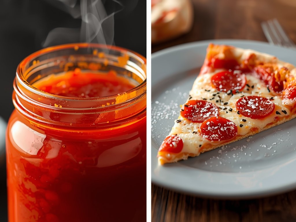 A close-up of a jar of vibrant red pizza sauce