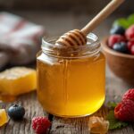 A close-up of a jar of crystallized honey with a