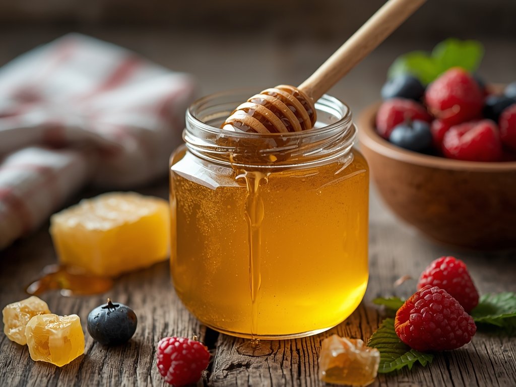 A close-up of a jar of crystallized honey with a