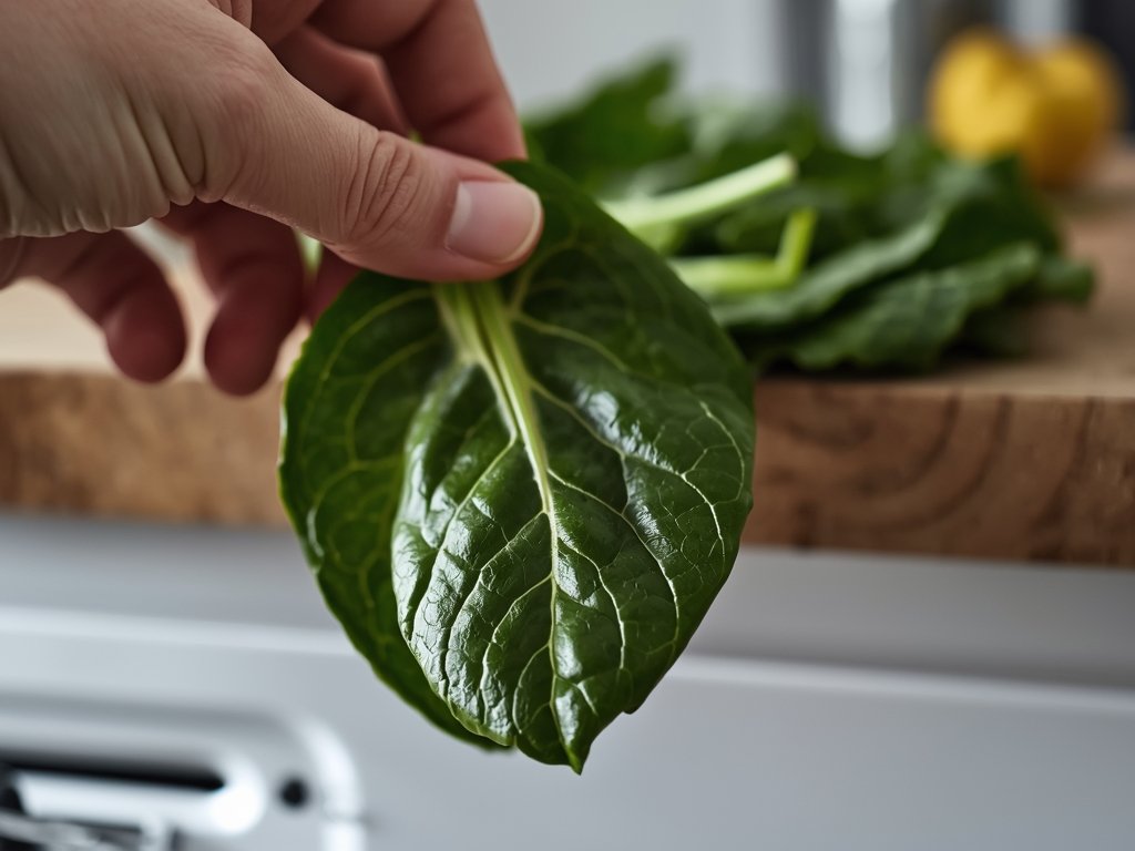 A close-up of a limp spinach leaf, slightly yellowed, drooping