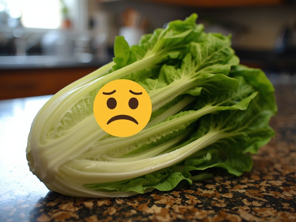 A close-up of a limp, wilted romaine lettuce head on