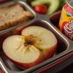 A close-up of a lunch box with a sliced apple