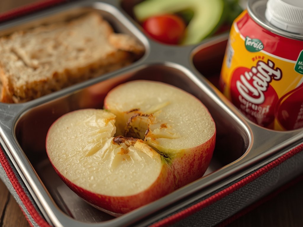 A close-up of a lunch box with a sliced apple