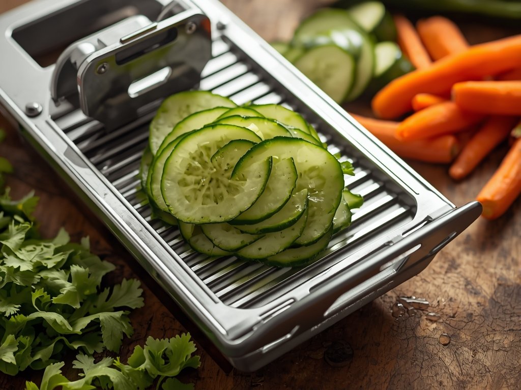 A close-up of a mandoline slicer with a gleaming, razor-sharp