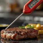 A close-up of a meat thermometer inserted into a juicy