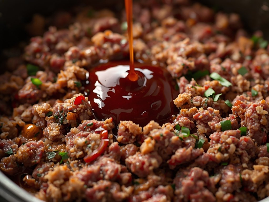 A close-up of a meatloaf mixture being prepared, with ground