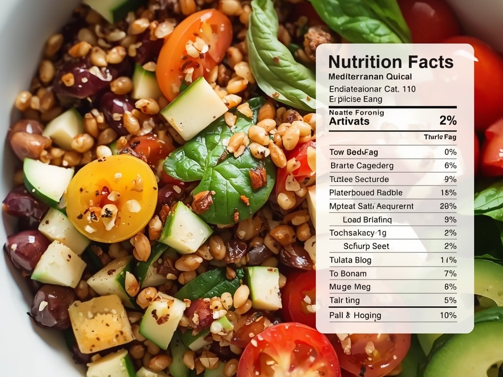 A close-up of a Mediterranean quinoa bowl, highlighting the individual