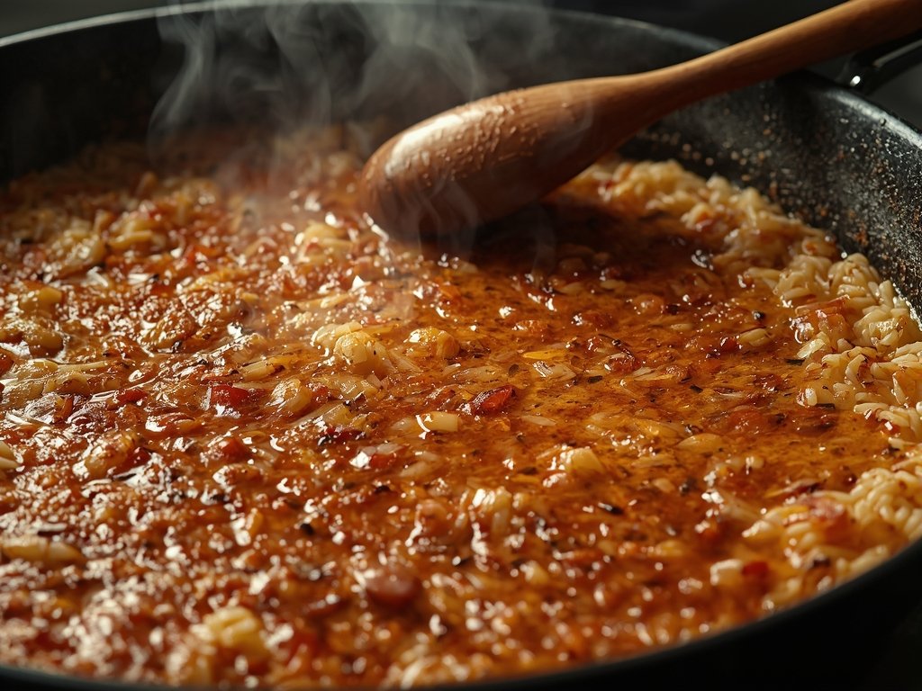 A close-up of a paella pan with a golden, crispy