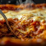 A close-up of a partially eaten lasagna dish, with a