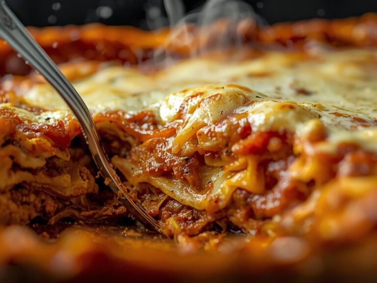 A close-up of a partially eaten lasagna dish, with a