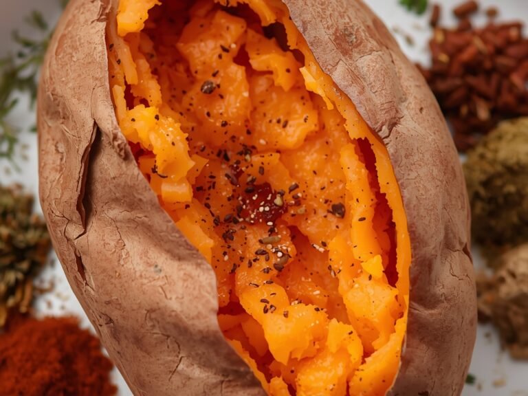 A close-up of a perfectly baked sweet potato, split open