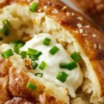 A close-up of a perfectly baked potato with crispy golden