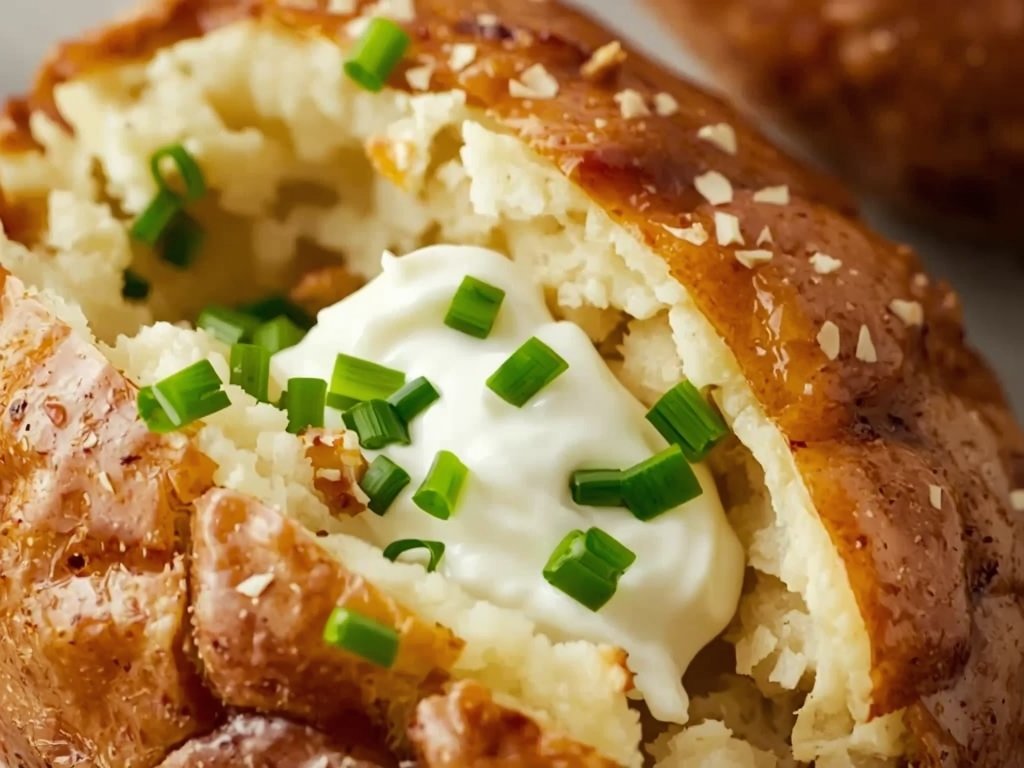 A close-up of a perfectly baked potato with crispy golden