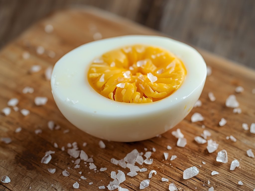 A close-up of a perfectly peeled hard-boiled egg, glistening with