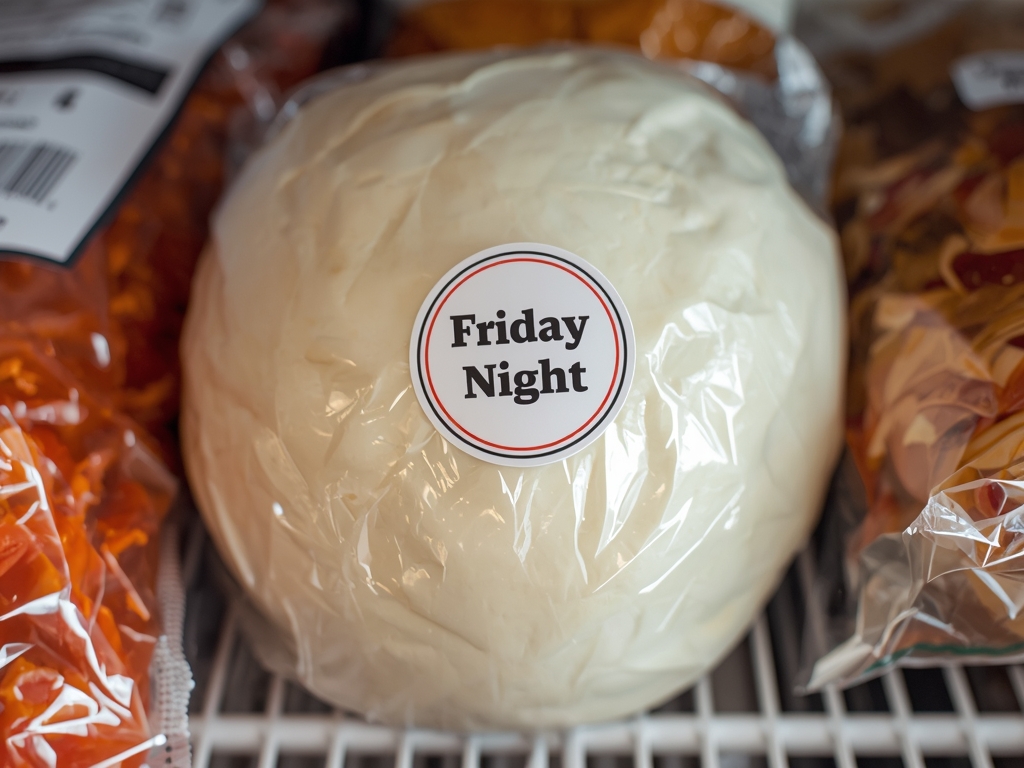 A close-up of a perfectly shaped pizza dough ball, wrapped