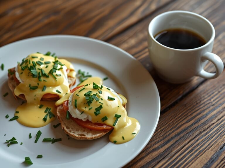 A close-up of a plate of leftover Eggs Benedict with