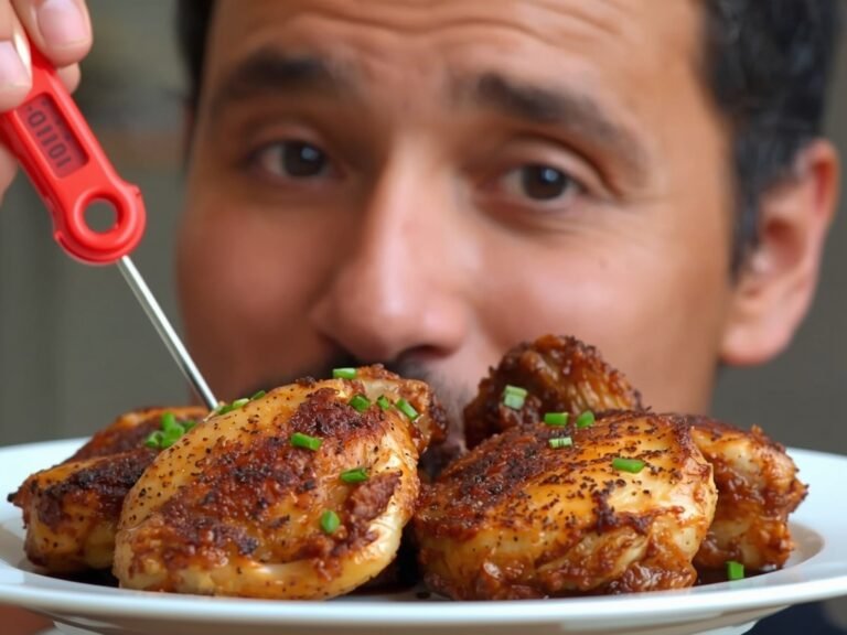 A close-up of a plate with crispy chicken thighs, a