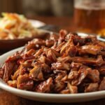 A close-up of a platter of freshly reheated pulled pork,