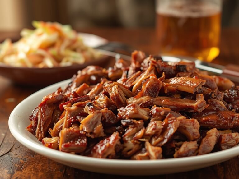 A close-up of a platter of freshly reheated pulled pork,