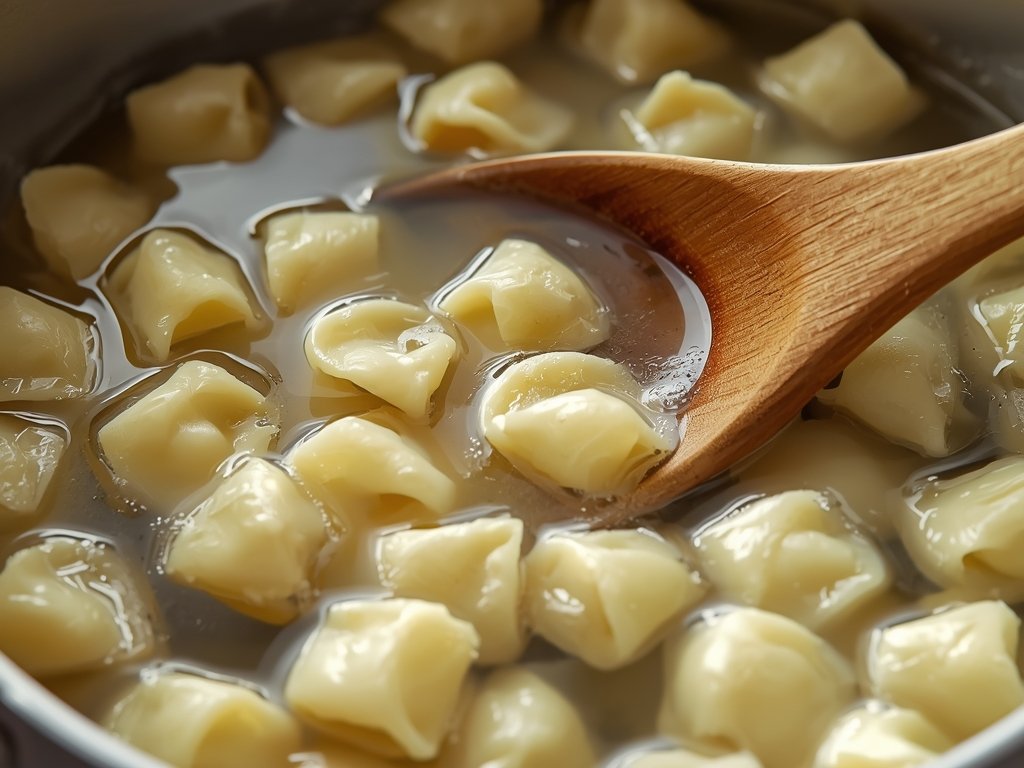 A close-up of a pot of boiling water with gnocchi