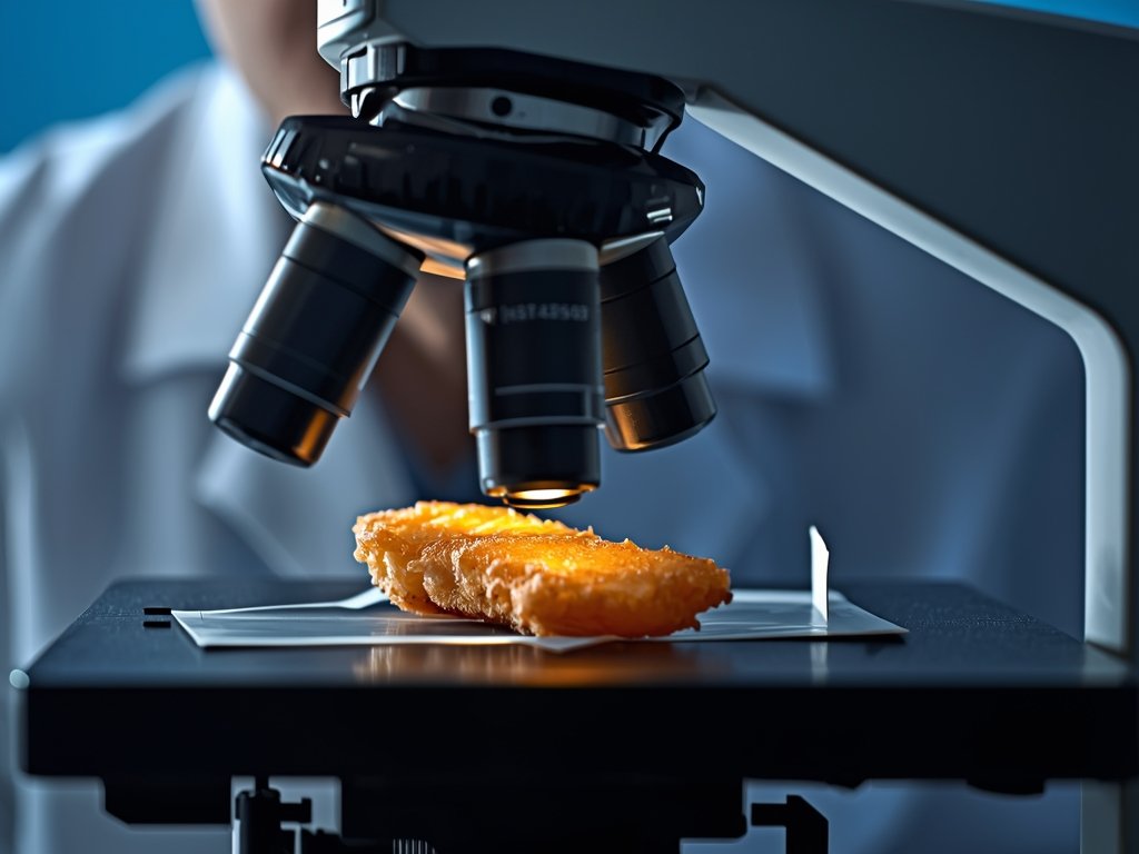 A close-up of a scientist in a lab coat examining