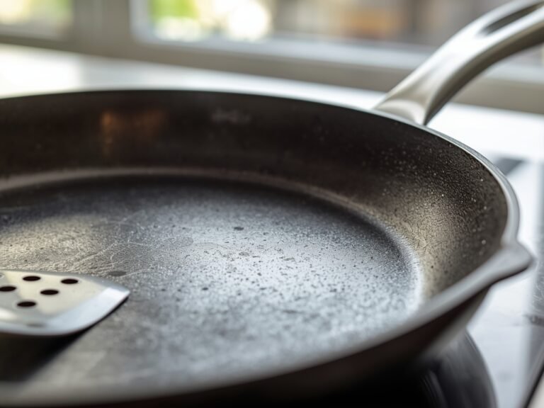 A close-up of a scratched non-stick frying pan with a