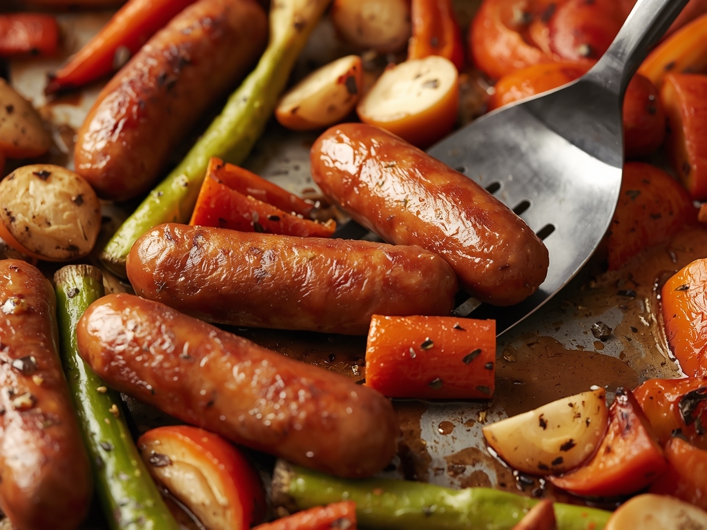 A close-up of a sheet pan with sausages and veggies,