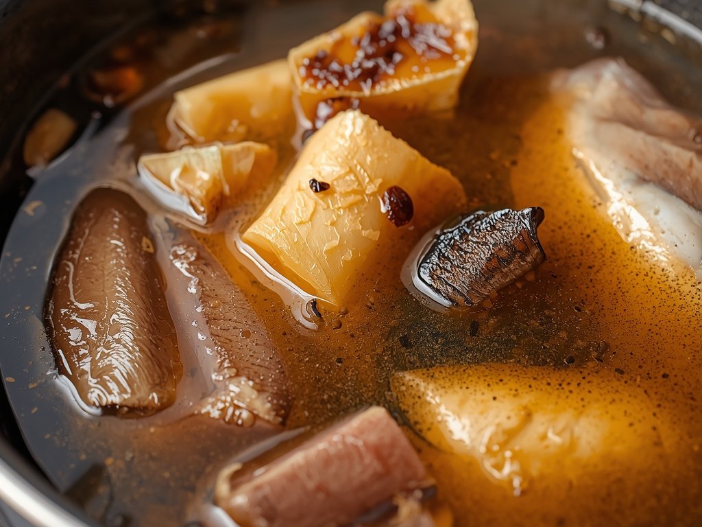 A close-up of a simmering pot of ramen broth with