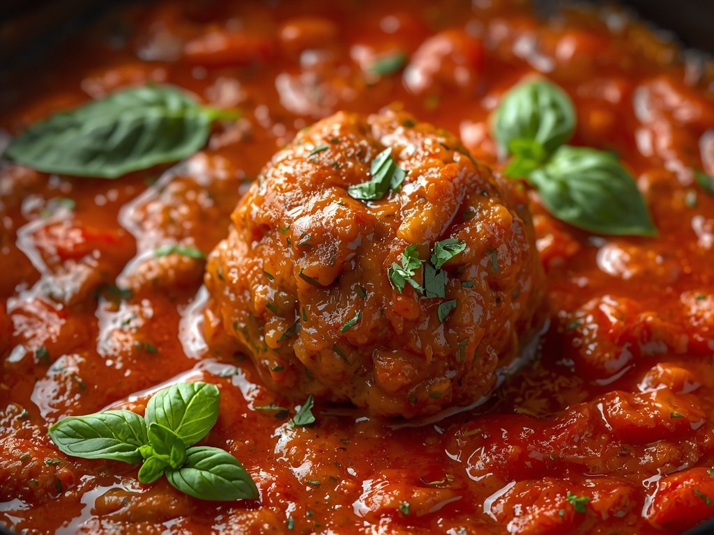 A close-up of a sizzling meatball in a rustic cast-iron