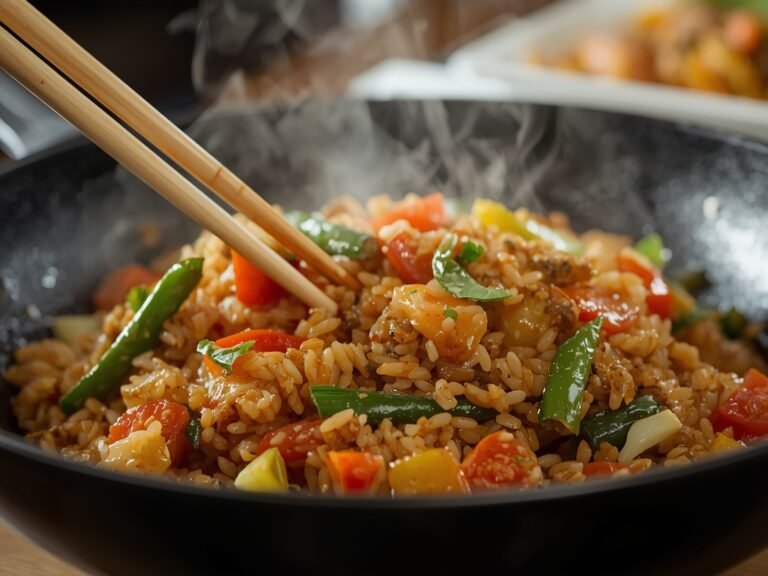A close-up of a sizzling plate of fried rice with