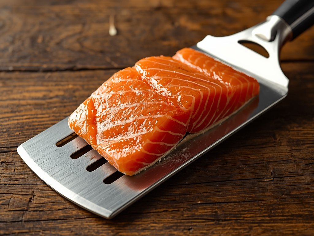 A close-up of a sleek, stainless steel fish turner with