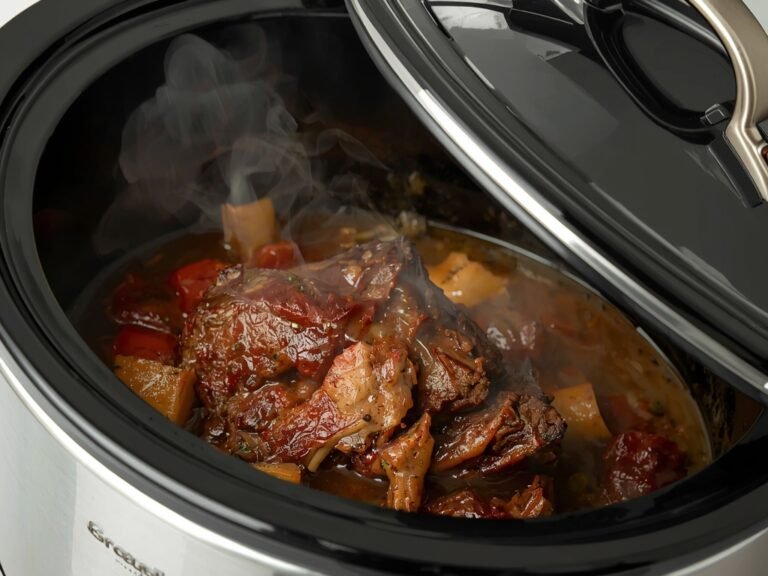 A close-up of a slow cooker with a cracked lid,