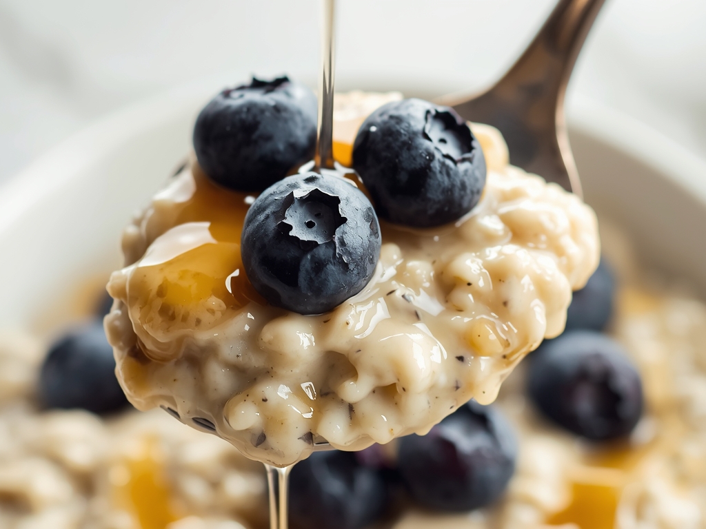 A close-up of a spoonful of creamy overnight oats topped