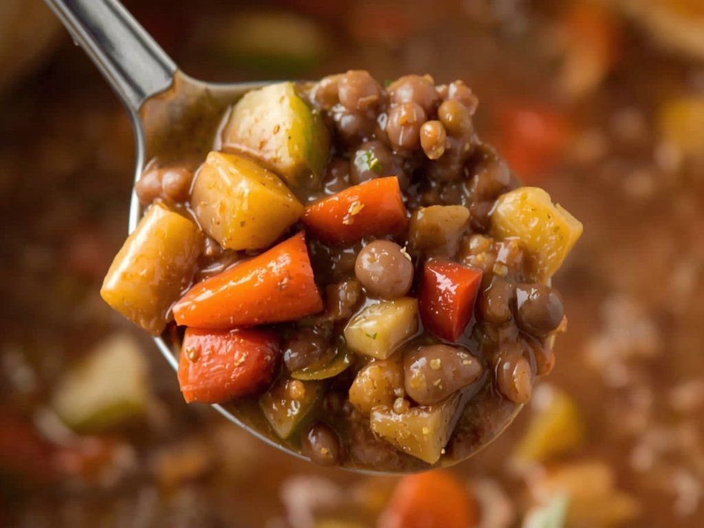 A close-up of a spoonful of lentil stew, showcasing the