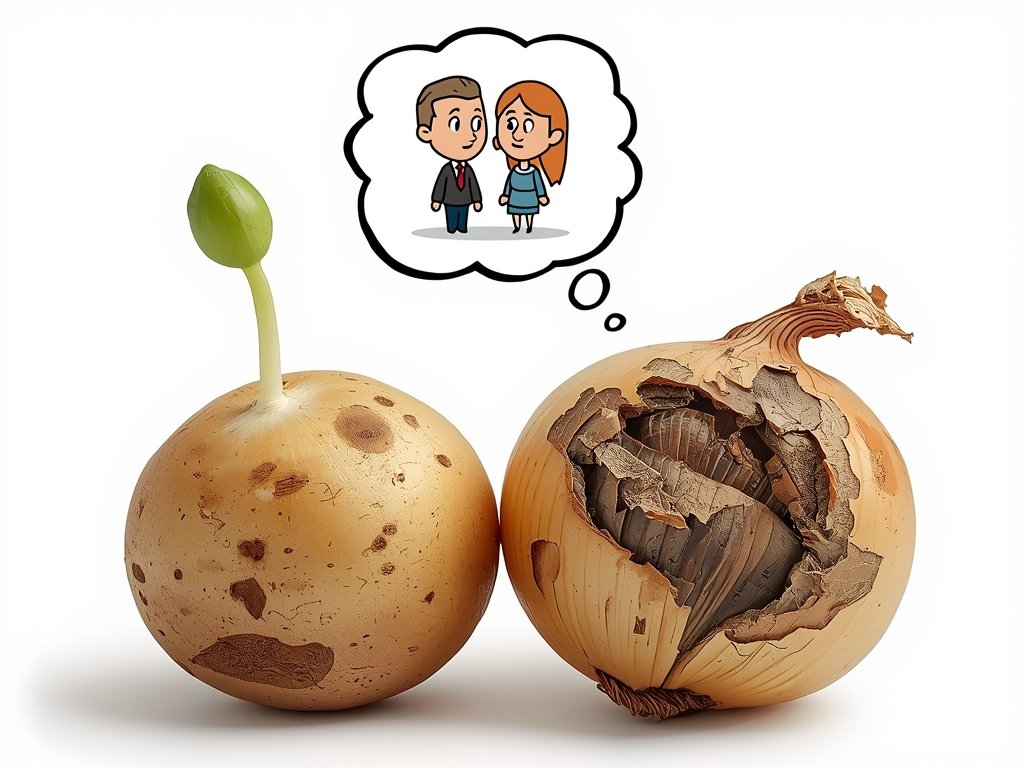 A close-up of a sprouting potato and a moldy onion,