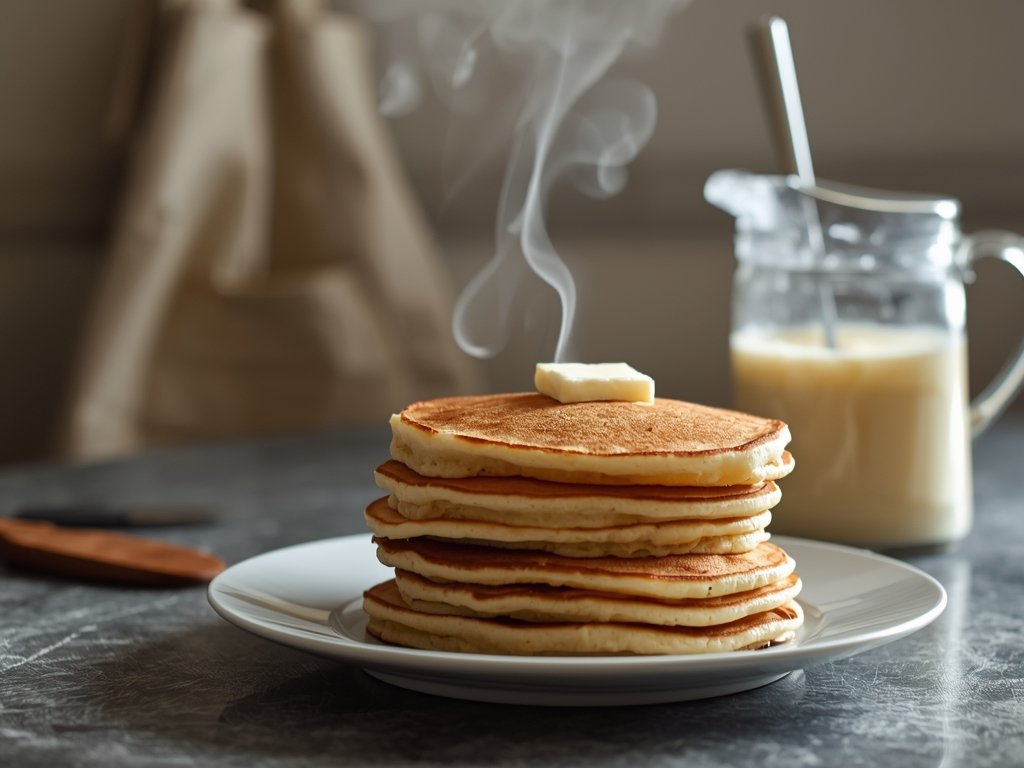 A close-up of a stack of golden pancakes with a